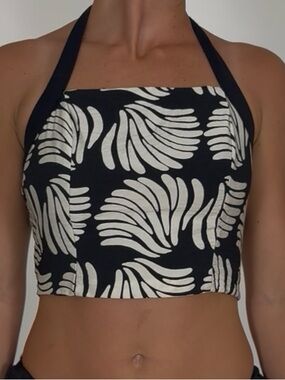 Black and White Halter Crop Top with Abstract Leaf Print
